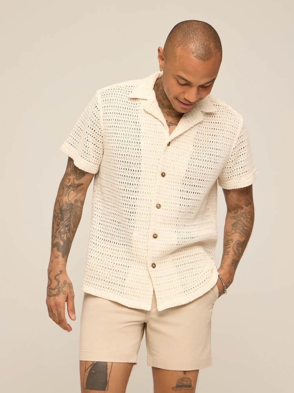 Chubbies Short-Sleeve Crochet Sunday Shirt In Mellow Stone NWT